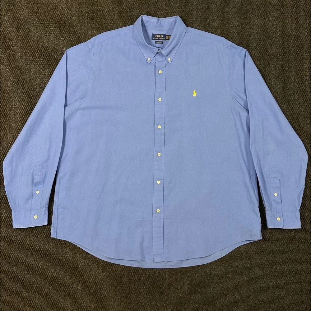 Polo Ralph Lauren Linen Blend Button Down Men XXL Blue Classic Fit Yellow Pony